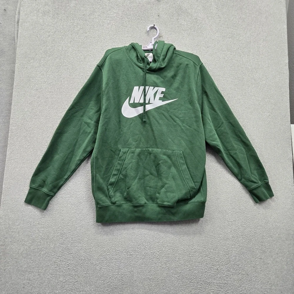 Nike Men Hoodie L Green Fleece Activewear Big Center Logo Swoosh Pullover